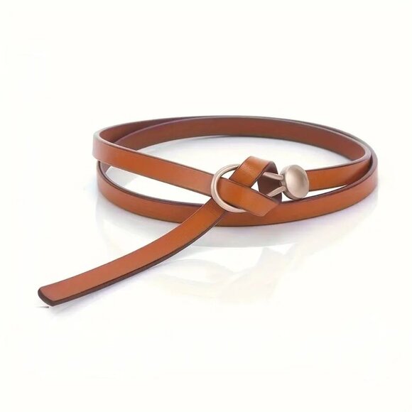 Belt No hole Knotted Adjustable Trendy Brown Button Loop Hole-Less Pu Leather - Picture 4 of 5
